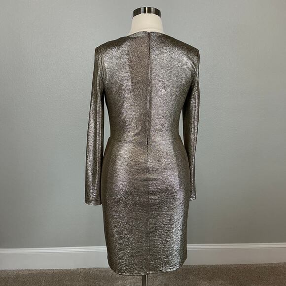 Ralph Lauren Gold Metallic Long Sleeve Cocktail Dress Size 14 V-Neck Sheath - Picture 6 of 13